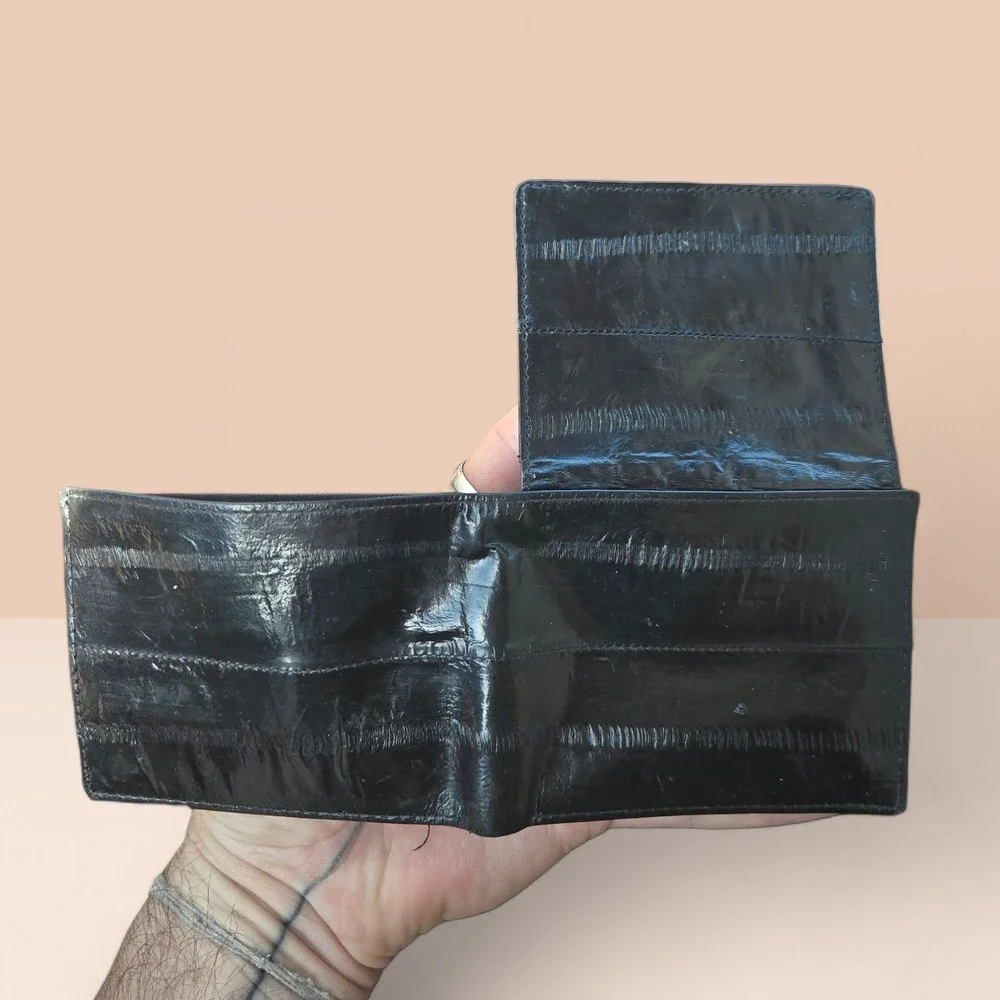 VTG‎ Minimalist Leather Wallet Black Genuine Eel Skin? Bifold Flip ID Window USA